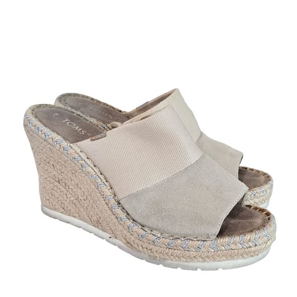 Toms Beige Wedge Espadrille Sandals Womens Size 7 Suede & Fabric Upper Peep Toe - Picture 4 of 13